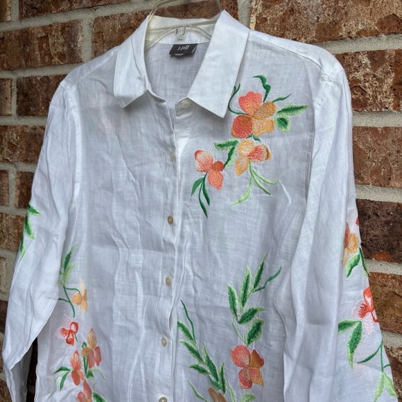 J.JILL Floral Embroidered 100% linen White Button-Up Shirt - Picture 3 of 9